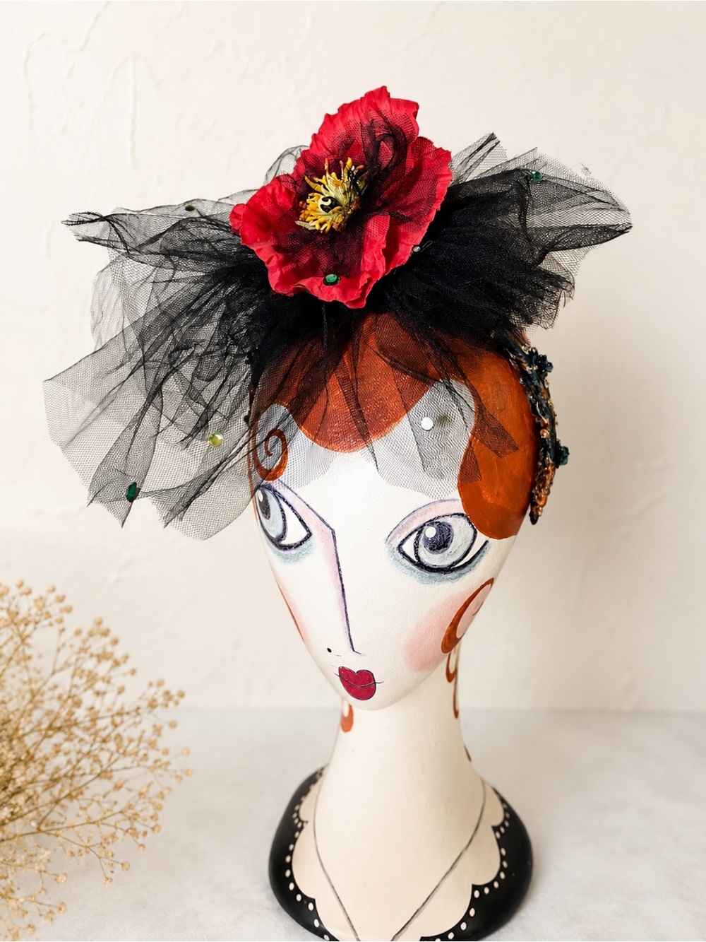Handmade Gothic Floral Headband Black Tulle Red Flower Fascinator Halloween